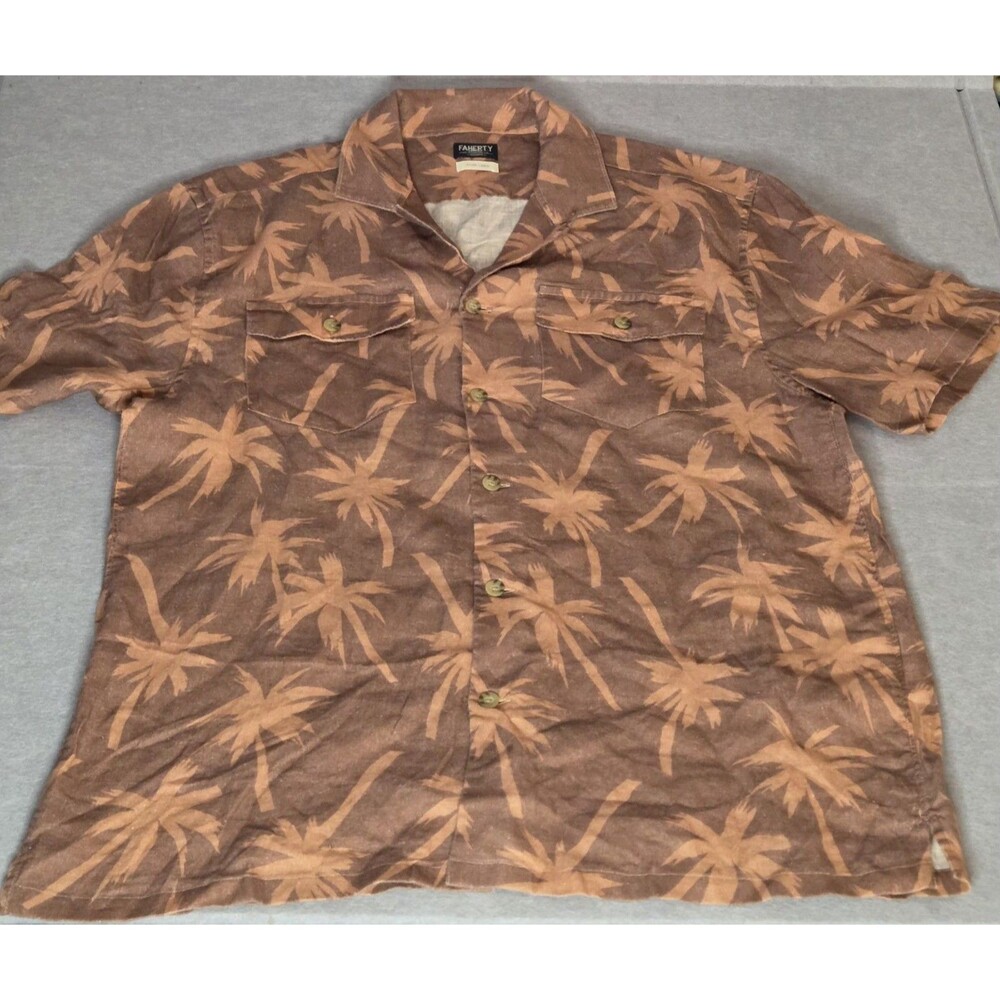 FAHERTY SS Soft Wash Linen Camp Shirt Brown Palm Tree Print Men's Medium NWOT